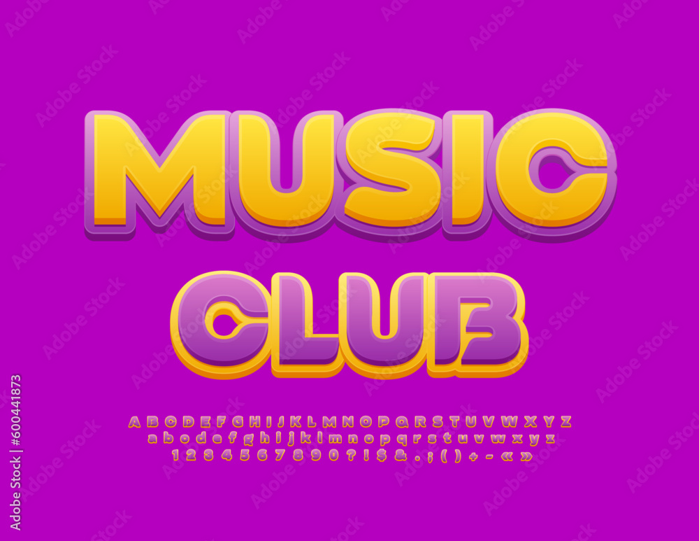 Vector stylish Emblem Music Club. Bright Artistic Font. Modern Alphabet Letters and Numbers set. 
