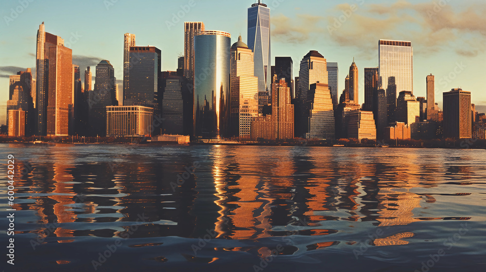 Fototapeta premium A vibrant New York City skyline during the golden hour. The panoramic view features modern skyscrapers reflecting blue, orange, and yellow hues on the water, Created with generative Ai Technology.