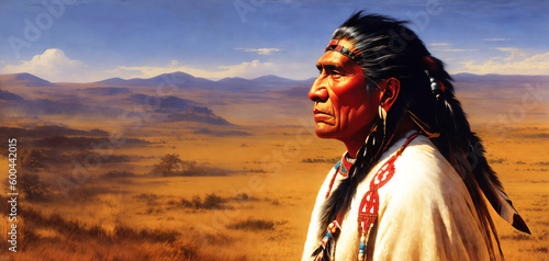 A Portrait of a Mature Native American Chief , Embodying the Spirit of the Great Plains.