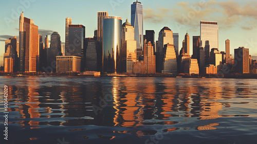 A vibrant New York City skyline during the golden hour. The panoramic view features modern skyscrapers reflecting blue  orange  and yellow hues on the water  Created with generative Ai Technology.