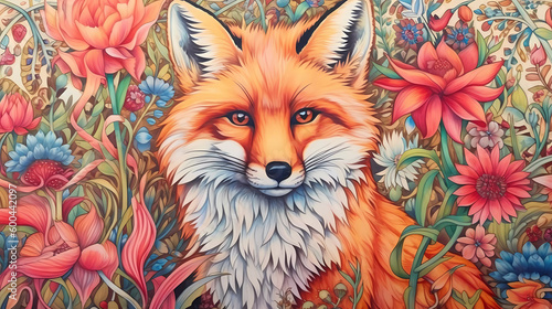 Fox illustration in the flowers
