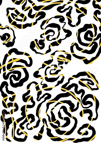 Abstract black and yellow asymmetric forms and dots pattern 