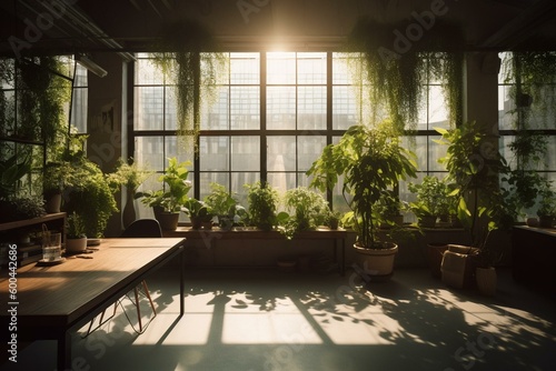 A comfortable and contemporary workspace adorned with greenery and a comfortable seating area, bathed in sunlight through large windows casting long shadows. Generative AI