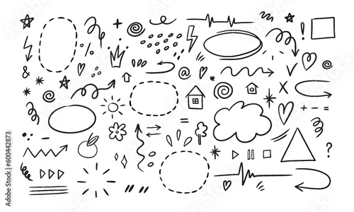 Hand drawn set of simple decorative elements. Various icons such as hearts, stars, speech bubbles, arrows, lines isolated on white background.