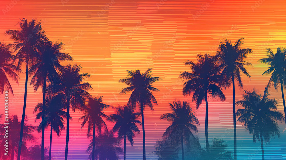 A colorful sunset with palm trees in the foreground. Generative AI.