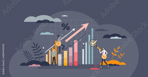 Investment and financial growth with money profit chart tiny person concept. Successful stock market with increase in wealth data vector illustration. Return percentage for income increase goal.