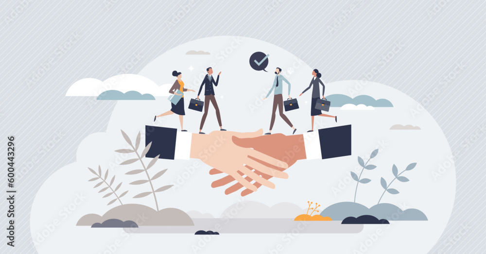 Partnership and business partners deal or agreement tiny person concept. Successful company collaboration with cooperation or teamwork vector illustration. Union with trust and professional relations - obrazy, fototapety, plakaty 