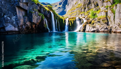 Super magical waterfall with scenic clear blue water in the mountains