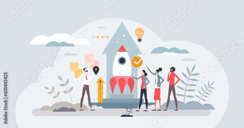 Startup and new innovative business project launch tiny person concept. Company with idea and funding for fast development and product breakthrough vector illustration. Cooperative innovation team.