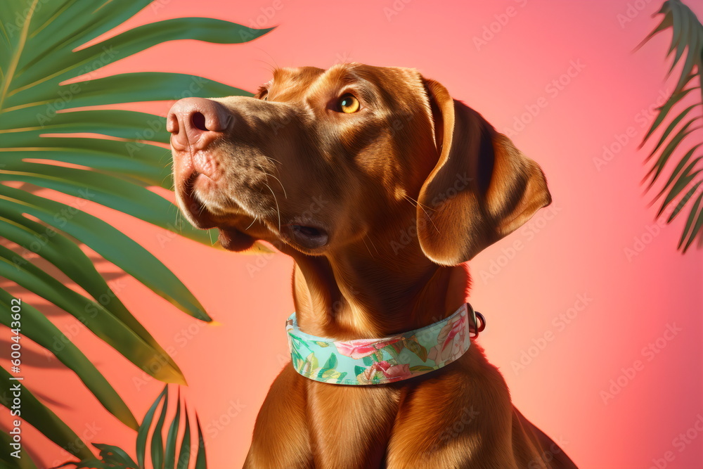 portrait of a brown dog in studio with tropical palm fronds and neon collar, sunlight, pink background, made with generative ai
