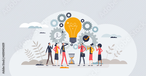 Innovation and creative mechanical solution as business tiny person concept. New startup idea with modern technology development vector illustration. Time sensitive project team with breakthrough.