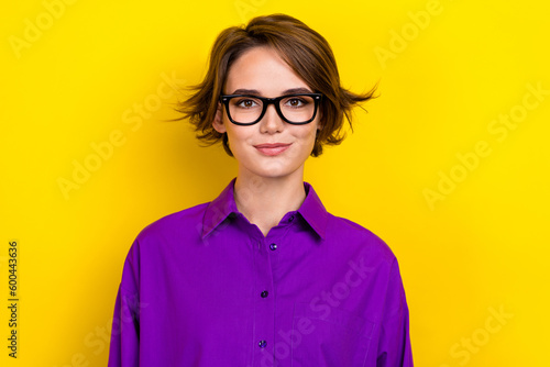 Fényképezés Photo of young economist marketer lady wear violet formal shirt new specs eyegla