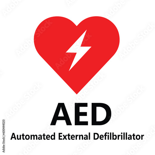 AED,automated external defibrillator / aed sign with heart and electricity symbol flat vector icon	