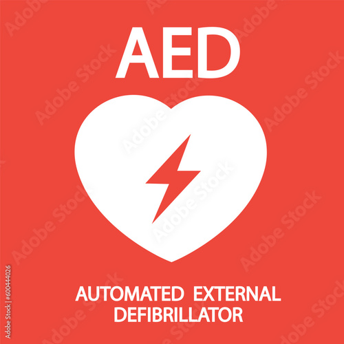 AED,automated external defibrillator / aed sign with heart and electricity symbol flat vector icon	