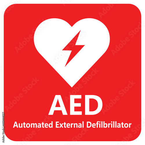 AED,automated external defibrillator / aed sign with heart and electricity symbol flat vector icon	