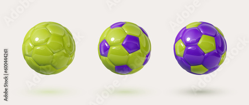 Green and violet, purple glossy football balls isolated design elements on white background. Colorful soccer balls collection. Vector 3d design elements. Sports close up icons