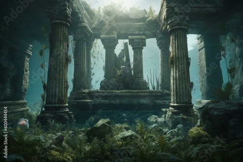 Underwater ruins of abandoned temple with weathered columns and remains of lost civilization in 3D artwork. Generative AI