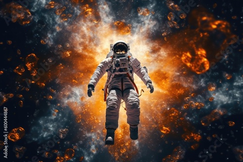 Astronaut floated effortlessly in space. His bulky suit a stark contrast to the infinite blackness of the universe. Technology concept. Generative AI © Kanisorn