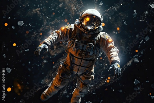 Astronaut floated effortlessly in space. His bulky suit a stark contrast to the infinite blackness of the universe. Technology concept. Generative AI