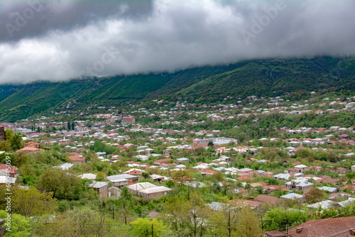 City in the fog. City of Goris from a bird's eye view photo