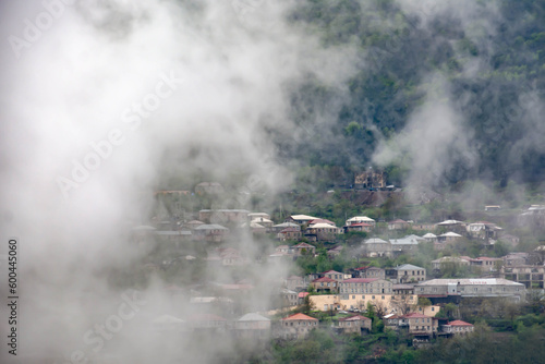 City in the fog. City of Goris from a bird's eye view