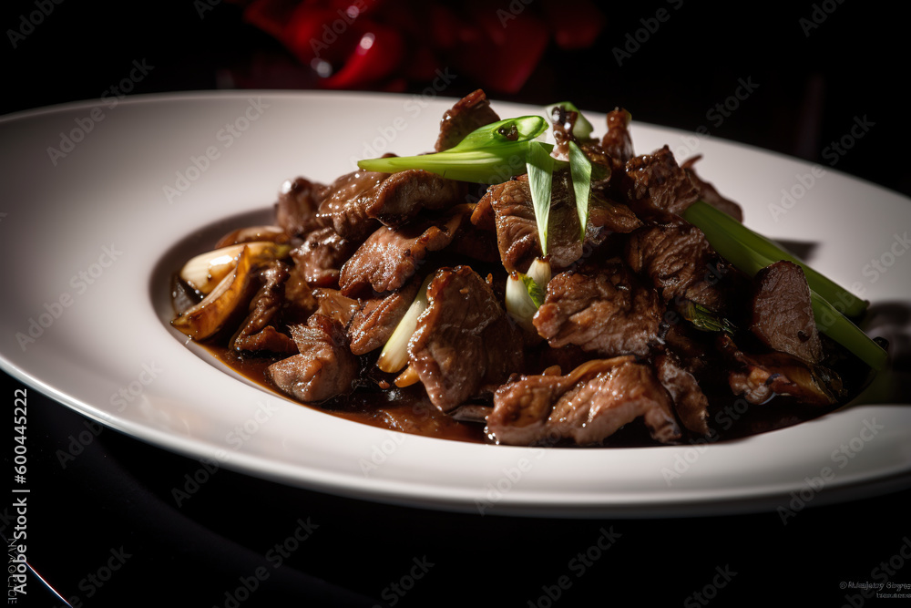Bo Luc Lac, Vietnamese stir-fry dish made with beef, garlic, onions, and a soy sauce-based marinade, generative AI Bo Luc Lac, Vietnamese stir-fry dish made with beef, garlic, onions, and a soy sauce-based marinade, generative AI