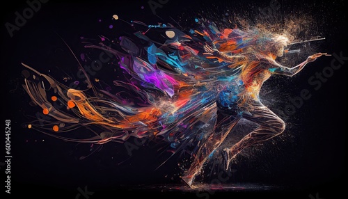Abstract Elegant Modern AI-generated illustration of an active running woman and her trajectory afterimage on black background