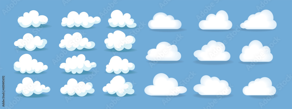 Set of cartoon different cloud icon in a flat design vector illustration. Isolated on blue background. Set of cartoon different cloud icon in a flat design vector illustration. Isolated on blue background.