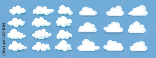 Set of cartoon different cloud icon in a flat design vector illustration. Isolated on blue background.