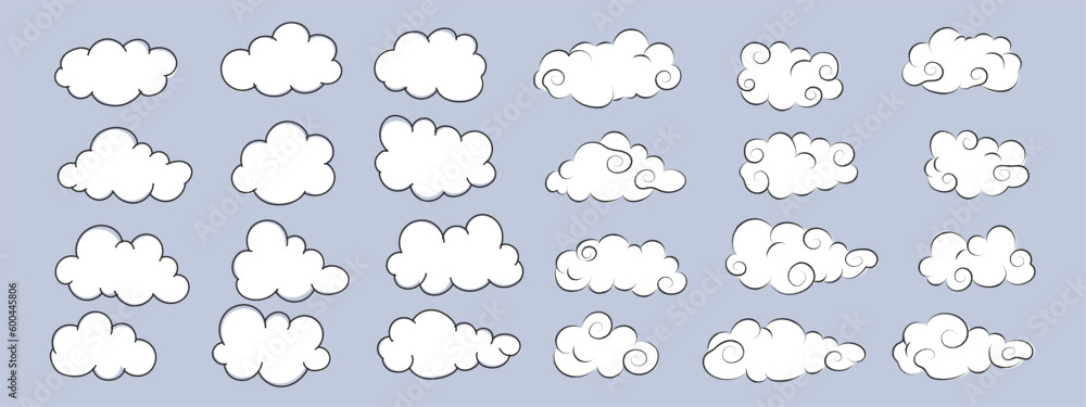 Set of cartoon different cloud icon in a flat design vector illustration. Isolated on blue background. Set of cartoon different cloud icon in a flat design vector illustration. Isolated on blue background.
