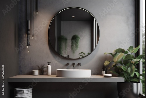 home luxury gray sink room mirror concrete design bathroom interior floor. Generative AI.
