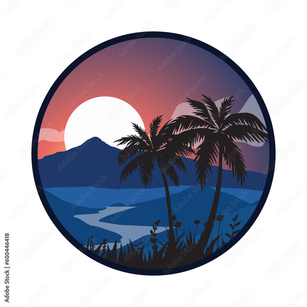 Dark palm trees silhouettes on colorful tropical ocean sunset background, Summer sunset background at the beach. Summer time. Vector illustration