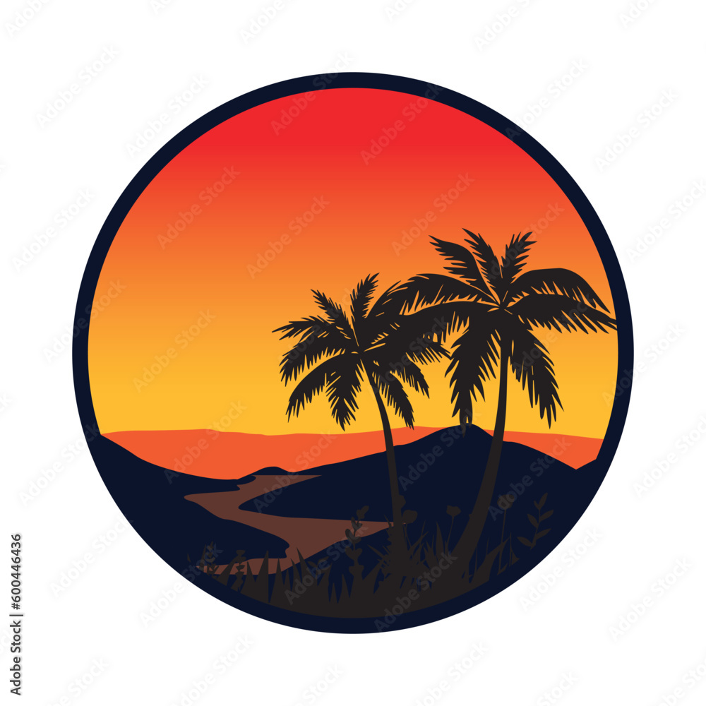 Beautiful landscape with ocean and palm trees vector illustration logo