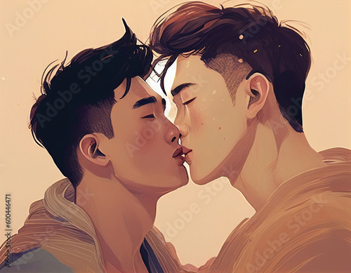 Young gay couple kissing each other in a kiss, digital painting, side face. created with Generative AI