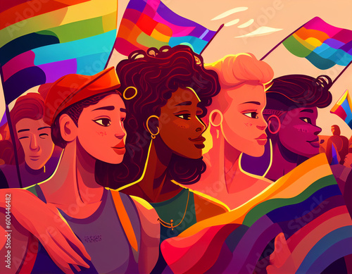 a group of lesbian women side face mid shot on pride month parade. LGBT people. created with Generative AI