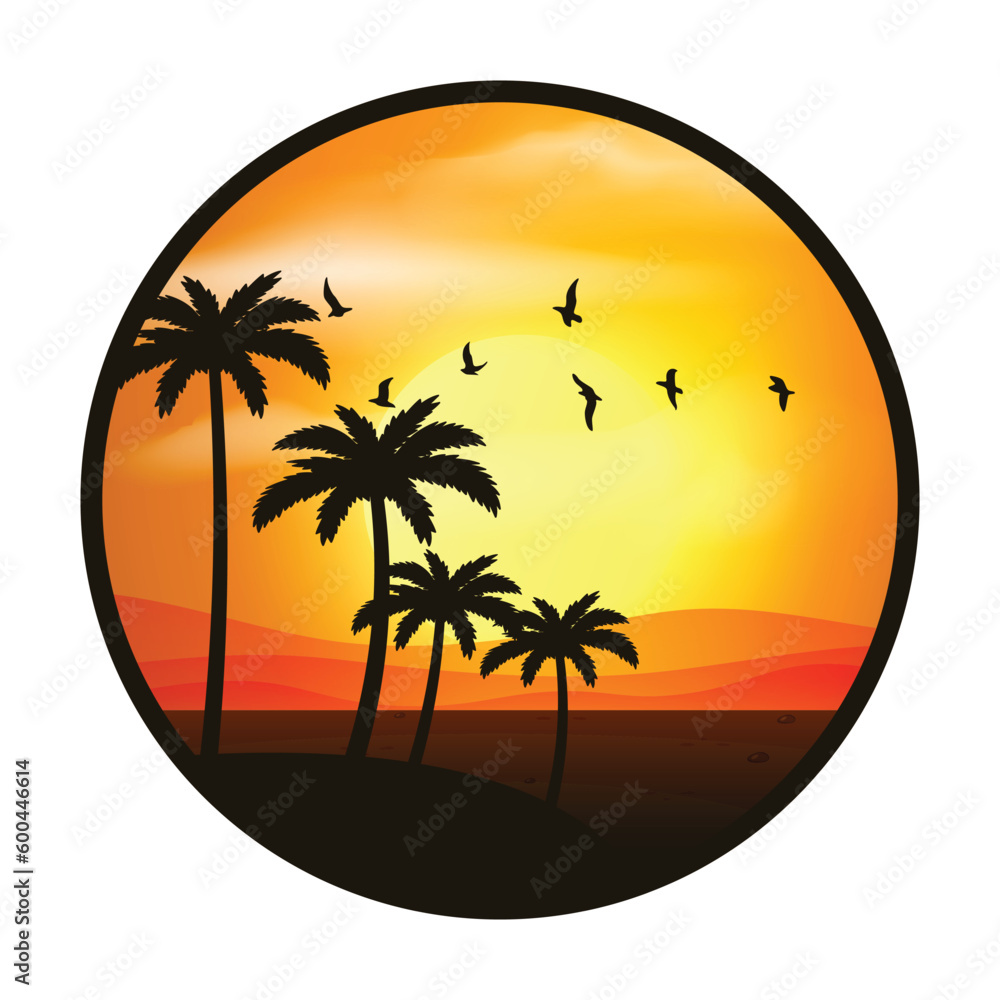 Sunset on a Beach with palm tree and mountain vector illustration