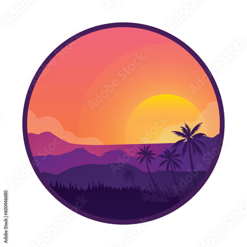 Vector purple sunset on the background of palm silhouettes. California beach  summer vacation backdrop for design. Tropical sunset scene for traveling design.