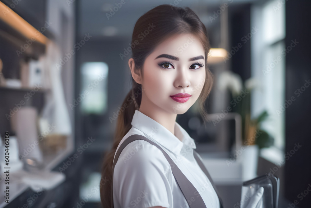 Naklejka premium An Asian maid in a graceful dress smiles brightly as she prepares to clean the opulent room in front of her. generative AI