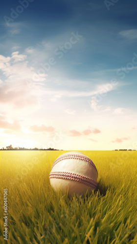 An illustration of cricket sport gear laying on green grass against a blue sky background. A.I. generated.
