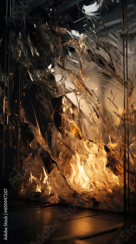 studio photography of a burning ice crystal and smoke in black reflective back Generative AI