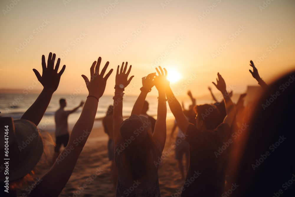 Cheering crowd with hands in the air, summer vacation image, Bokeh People have fun at sunset on a beach, Generative AI Cheering crowd with hands in the air, summer vacation image, Bokeh People have fun at sunset on a beach, Generative AI