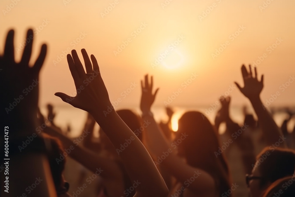 Cheering crowd with hands in the air, summer vacation image, Bokeh People have fun at sunset on a beach, Generative AI