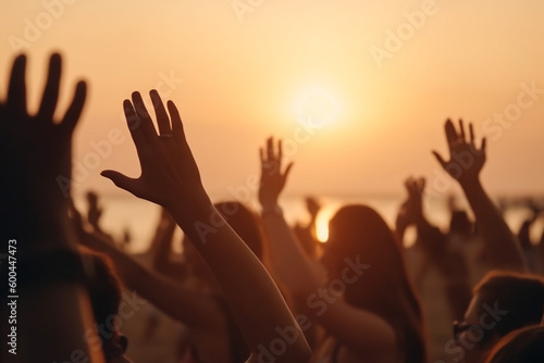 Cheering crowd with hands in the air, summer vacation image, Bokeh People have fun at sunset on a beach, Generative AI
