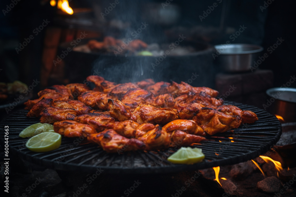 Chicken kebab on barbecue, street food, Generative AI