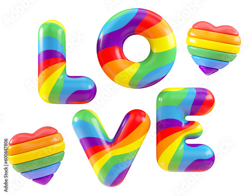 Fotografiet Isolated rainbow LOVE letters and hearts on a transparent background for LGBTQIA+ Pride celebration
