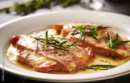 Saltimbocca alla Romana: Thin slices of veal sauteed with prosciutto and sage, then simmered in a white wine sauce. Generative AI.