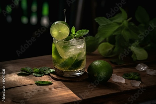 A bur holds a mojito cocktail on a wooden table with selective focus. Generative AI