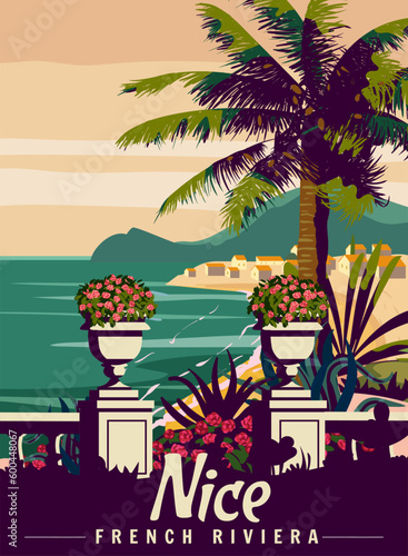 Nice French Riviera Retro Poster. Tropical coast scenic view, palm, Mediterranean marine