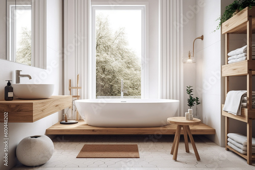 White and wooden bathroom interior design  Generative AI
