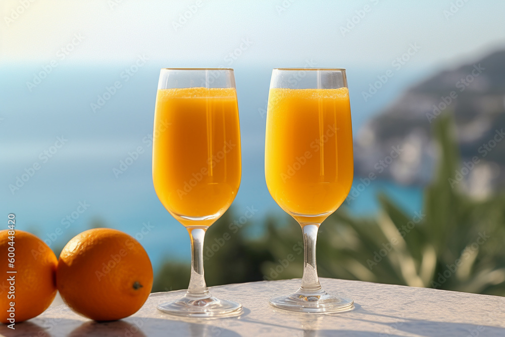 Two glasses of orange juice in front of a sea background, Generative AI